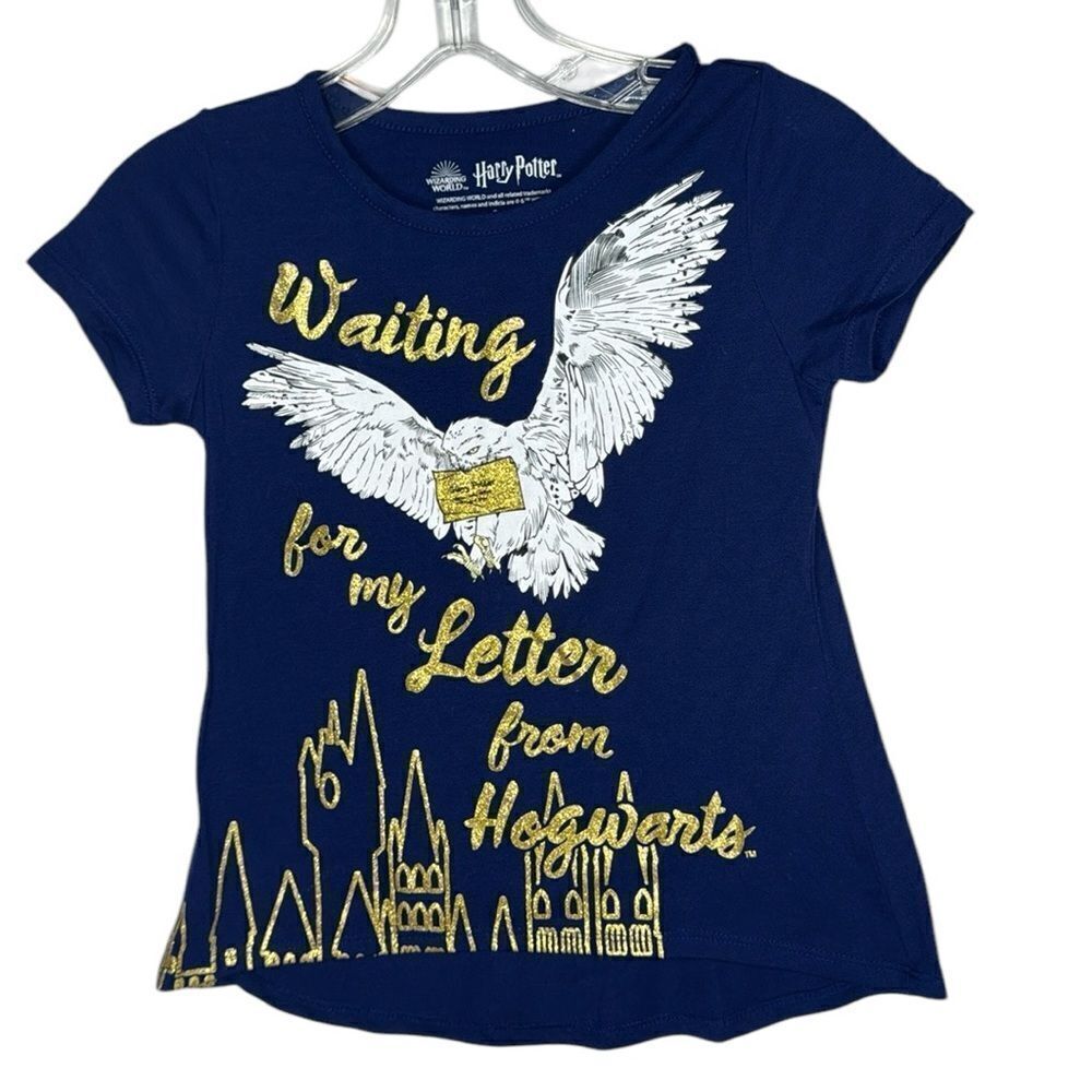 Harry Potter Hogwarts Girl’s Gold/Navy Sparkle Short Sleeve Shirt. Size Sm 7/8.